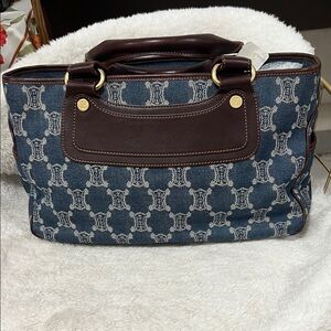 Authentic Celine Triomphe Denim Patterned Satchel Bag with Brown Leather Trim